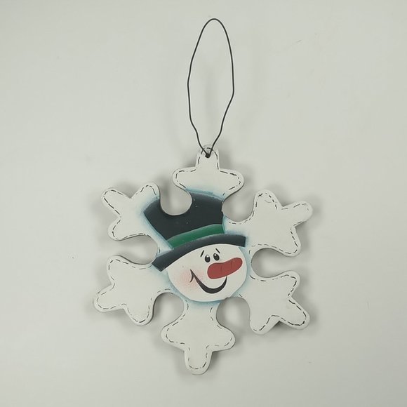 Snowman Head Snowflake Country Rustic Wooden 5" Christmas Ornament Wire Hanger - Picture 1 of 3